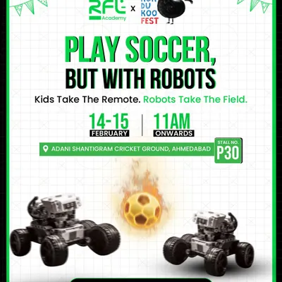 Play soccer, but with robots. This poster announces our Robo Soccer event at the Kukdukoo Fest in Ahmedabad, where kids take the remote and robots take the field.
