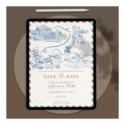 This save the date tells a sweet love story through a series of custom illustrations. Presented as a vintage airmail postcard, it maps out key moments in the couple's relationship, leading up to their wedding weekend in Goa.