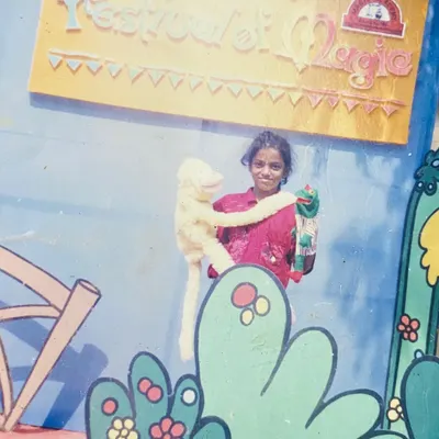 This is where it all began. A photo of little Indu with one of my first puppets at a 'Festival of Magic'. My love for dolls and magic started very early.