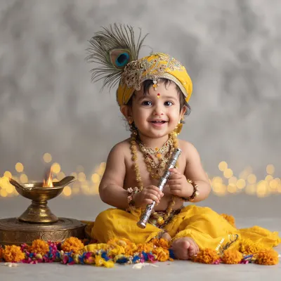 This is the magic I love to create. We transform my studio into a divine setting to capture the innocent spirit of Little Krishna. Every detail, from the soft lighting that creates a gentle glow to the traditional props like the flute and peacock feather, is chosen to craft a portrait that feels both timeless and full of life.