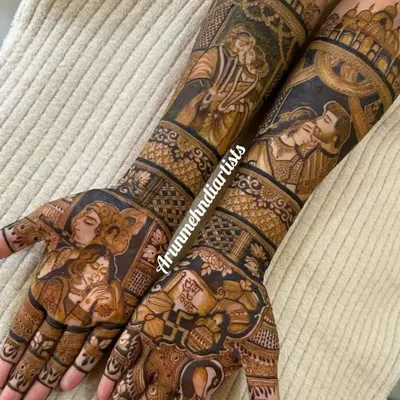 Your entire family's love story can be part of your bridal henna. This full coverage design features multiple couple and family portraits, capturing precious moments from the forearm down to the palm.