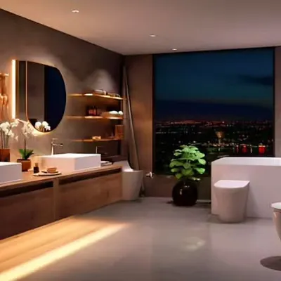 This expansive bathroom offers a stunning panoramic city view from the bathtub. The design features dual sinks on a long wooden vanity, backlit circular mirrors, and warm, ambient lighting to create a luxurious, hotel-like feel.