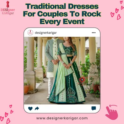 Create a picture-perfect look with your partner for any event. This image showcases a couple in a beautifully coordinated green traditional outfit, featuring an embroidered lehenga for her and a matching patterned sherwani for him. We design couple's attire that complements each other perfectly.