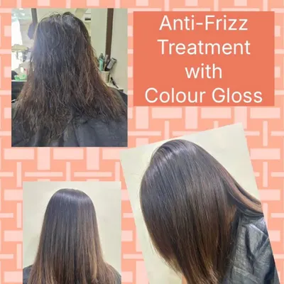 This makeover combined an anti-frizz treatment with a color gloss. This pairing not only smoothed the hair but also enriched the color, adding depth and a beautiful, reflective shine.