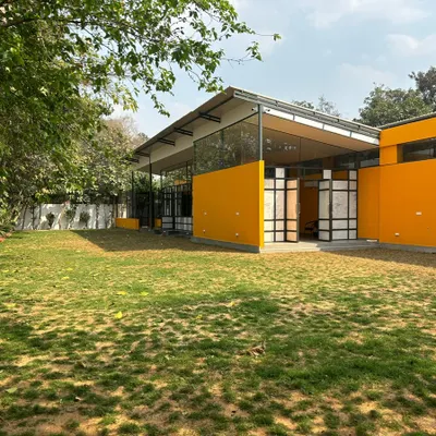 A look at our beautiful, modern facility on a sunny day. We designed the space with ample natural light, a spacious lawn, and secure enclosures to create a premium, happy environment for every dog.