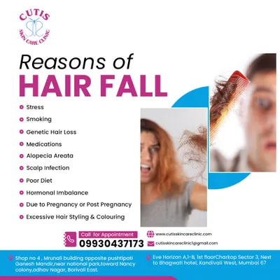 An educational graphic listing the common reasons for hair fall. We cover factors like stress, genetics, hormonal imbalance, and scalp infections to help patients identify potential causes before seeking a personalized treatment plan at our clinic.