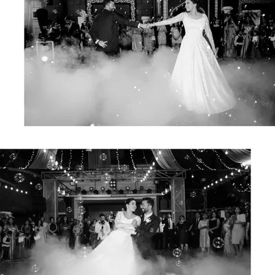 The couple's magical first dance, surrounded by clouds of smoke and the warm glow of fairy lights. This shot captures the romance and drama of the reception.