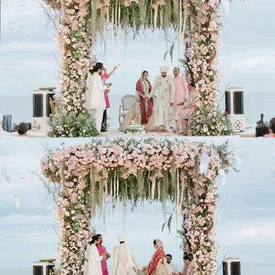 A collage showing the stunning beachside mandap in Thailand, decorated with an abundance of pink and white flowers.