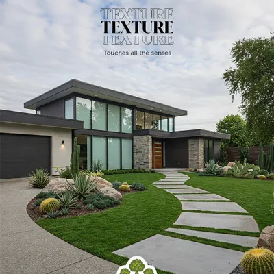 Texture touches all the senses. In this xeriscape design, we've combined the spiky forms of cacti and succulents with smooth stones and soft grasses to create a landscape that is rich in texture and requires very little water.