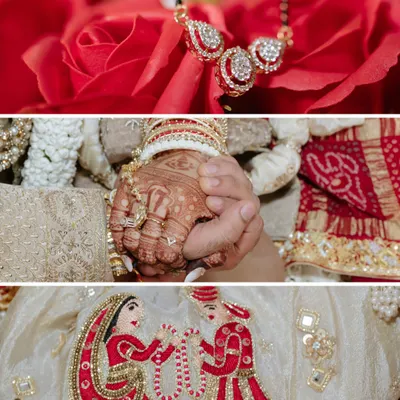 A collage of wedding details: the mangalsutra against a bed of roses, the couple's hands intertwined, and an embroidered bag depicting the wedding. These are the little things that tell a big story.