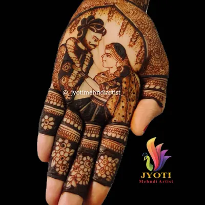 Your story, told through henna. This custom portrait captures the beautiful varmala ceremony, one of the most special moments of a wedding, right on the bride's palm. I specialize in creating these detailed narrative designs.