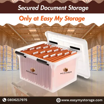 We provide secured document storage for your most important files. This image shows a neatly organized file box against the backdrop of our expansive warehouse.