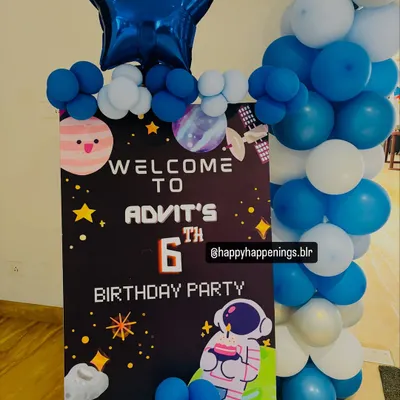 A personalized welcome sign is the perfect way to greet guests. This space-themed sign for Advit's 6th birthday features cute graphics and is flanked by balloons that match the party's color scheme.