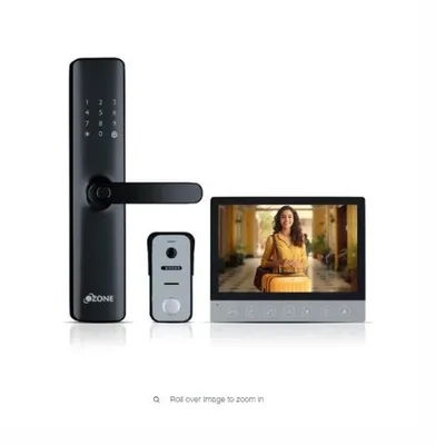 This product shot showcases the complete Ozone IRIS-11 system. It includes the smart digital door lock, the external video doorbell, and the internal monitor that lets you see and communicate with visitors.