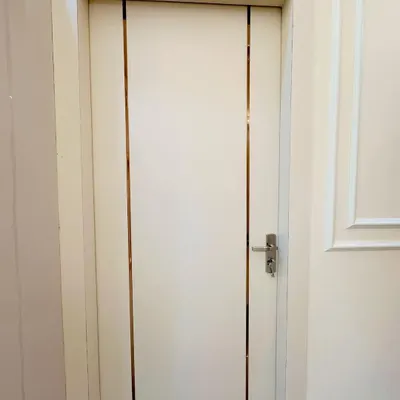 A simple and elegant door design with two vertical gold T-profile inlays. This minimalist approach adds a touch of class to any room.
