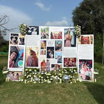 A beautiful memory wall I created for a proposal, featuring a collage of the couple's photos and personal messages. This is a wonderful way to celebrate a shared history while starting a new chapter.