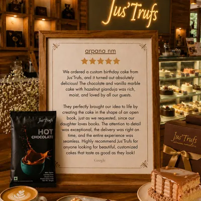 Our café display pairs a customer's open-book birthday cake note with a cake slice, chocolates and Hot Chocolate Mix.
