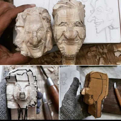 This collage shows the very beginning of my process. I start with a block of wood and hand carve the basic shapes and facial features, slowly revealing the characters' personalities before any paint is applied.