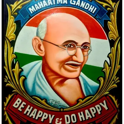 A hand-painted portrait of Mahatma Gandhi, the Father of the Nation, with his message "Be Happy & Do Happy". This is my tribute to his philosophy.