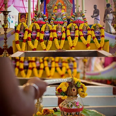 A collage of the Rishi Homa, showing the decorated altar and the offerings. This ceremony is a key part of our Navratri celebrations, honoring the ancient sages.
