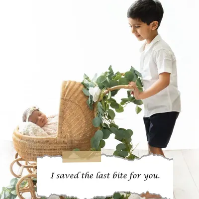 "I saved the last bite for you." A big brother looks lovingly at his newborn sister in her bassinet. Sibling photoshoots are a beautiful way to welcome a new baby into the family.