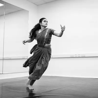 A studio session for 'Abandhana', a work exploring Pali poetry from the Therigatha. This image captures the raw movement quality we explore in the studio before it is refined for the stage.