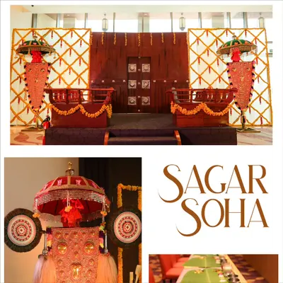 A collage from a beautiful South Indian themed wedding I planned in Kochi. It showcases the unique decor elements like the 'Nettipattam' (elephant caparison) and traditional seating, celebrating the rich culture of Kerala.