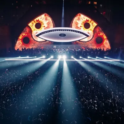 The 'NEWORLD' stage for Argy's show, featuring colossal, fiery eyes on the LED screens that stared out over the massive crowd.