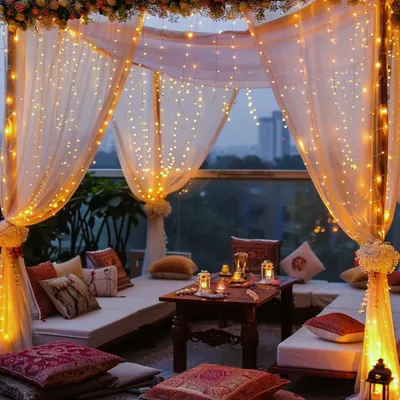 This is the signature Shamiyana vibe. Imagine an intimate evening under a canopy of fairy lights, with cozy floor seating and the city skyline as your backdrop. It’s the perfect setting for a minimal Sagan or any soulful celebration.
