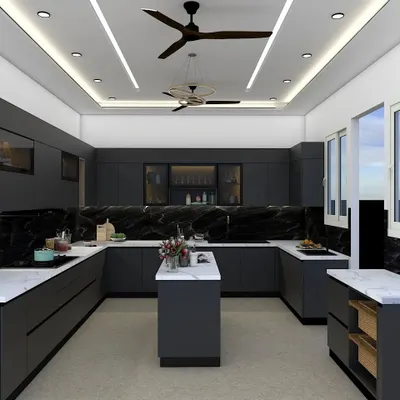 This U-shaped kitchen is designed for the modern chef, featuring matte black cabinets, a stunning black marble backsplash, and a central island. I focused on creating a functional workflow with ample counter space and integrated appliances for a sleek, sophisticated look.