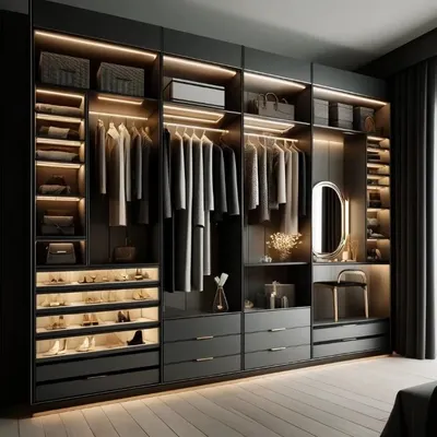 This is a design concept for a sleek, modern walk-in closet. The dark finish, integrated lighting in each section, and dedicated vanity nook create a sophisticated and highly organized dressing area.