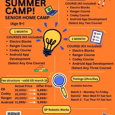 Here are the details for our Senior Home Camp, designed for ages 9 and up. This flyer outlines the course options like Electro Blocks and Android App Development, different durations, and the fee structure for our online summer program.