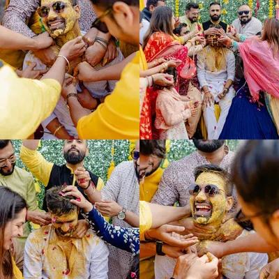 A collage of pure chaos and joy from the groom's Haldi ceremony. These are the unforgettable moments with friends that make a wedding special.