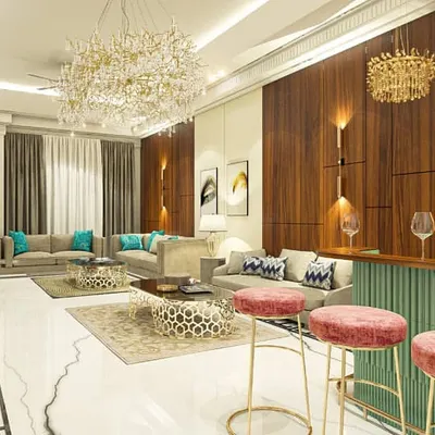 This luxurious living room features a custom home bar with a geometric wine rack and plush bar stools. I used rich wood paneling and statement lighting to create a sophisticated atmosphere perfect for entertaining guests.