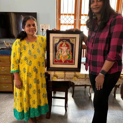 My dedicated student Thanya with her completed Tanjore painting of Lord Ganesha. It is wonderful to see her hard work result in such a beautiful, traditional piece.