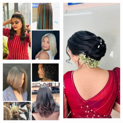 This collage showcases the breadth of skills taught in our hairdressing program. It features everything from a classic bob and men's haircut to creative color streaks and an elegant bridal updo.