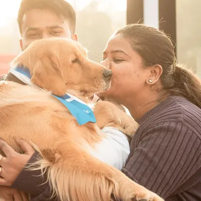 A beautiful golden retriever gets a loving kiss from its owner at the Pet Fed event in Delhi. These are the priceless, candid moments that show the deep connection we have with our pets.