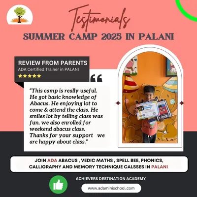 "This camp is really useful... He smiles a lot by telling class was fun." A wonderful testimonial from a parent in Palani whose child enjoyed our Abacus classes during the summer camp.