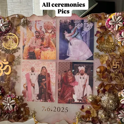 This custom varmala frame tells the story of a beautiful Jain-Bihari union. I incorporated photos from all their ceremonies, along with sacred symbols and elements from both cultures, to create a truly personal piece of art.