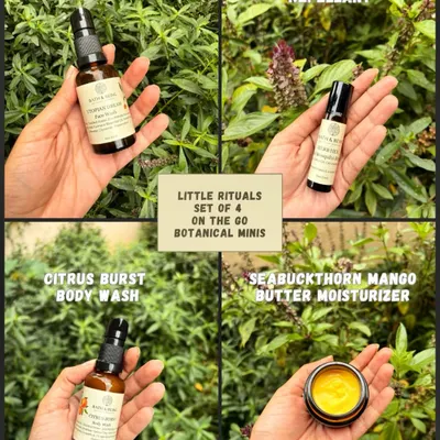 Introducing Little Rituals, our set of 4 botanical minis of our bestsellers. It includes our Citrus Burst Body Wash, Turmeric Facewash, Golden Hour Moisturizer, and a mosquito repellent, perfect for gifting or travel.