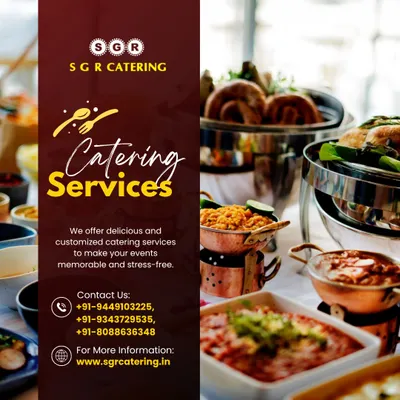 A lavish buffet spread featuring a variety of North Indian and South Indian dishes in traditional copper and steel serveware. We offer delicious and customized catering services to make your events memorable.