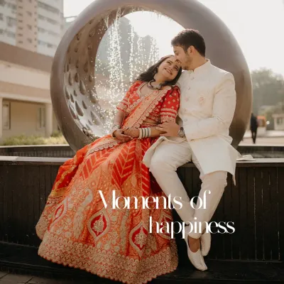 A moment of pure happiness for Atharv and Maithili during their engagement shoot. The fountain adds a touch of magic to their beautiful love story.