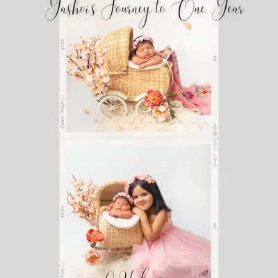 A collage from Yashvi's 'Journey to One Year' series, starting with her newborn shoot at just 21 days old. It's so special to document the story right from the very beginning.