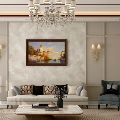 This living room balances classic sophistication with modern comfort. A traditional chandelier and wall moldings are paired with our custom-designed contemporary sofa and a sleek marble coffee table, creating a timeless and inviting space.