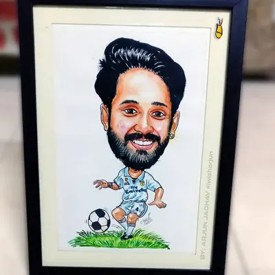 A handmade caricature of a football player, captured in action with a ball. This is a great personalized gift for any sports lover, drawn with ink and watercolors.