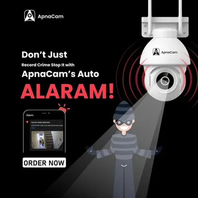Our cameras do more than just record. This graphic shows how the auto alarm feature can actively deter intruders by sounding a siren and sending an instant alert to your phone, stopping a crime before it happens.