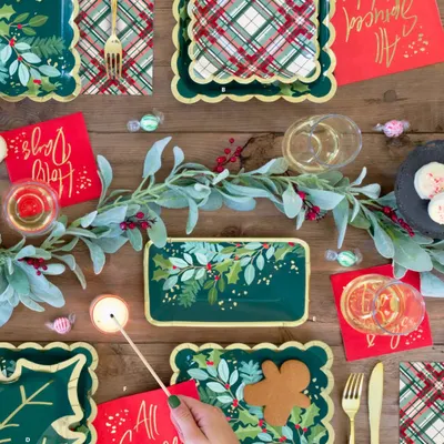 Get your table "All Spruced Up" for Christmas. This image showcases my festive tableware collection, featuring holly-themed plates, plaid napkins, and gold cutlery to make your holiday feast look spectacular.