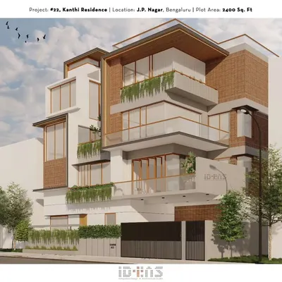 A 3D render of the Kanthi Residence. This design showcases a contemporary facade with a warm brick finish, large glass windows, and integrated planters that bring life to the elevation.