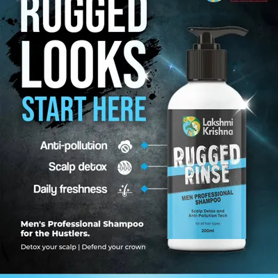 Rugged looks start here. Our Rugged Rinse Men's Professional Shampoo is designed for hustlers. This graphic highlights its key features: anti-pollution protection, scalp detox, and daily freshness to help you defend your crown.