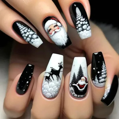 This detailed, hand painted Christmas nail art is one of my specialties. I can create tiny portraits and scenes, making your nails a true conversation starter for any festive event.